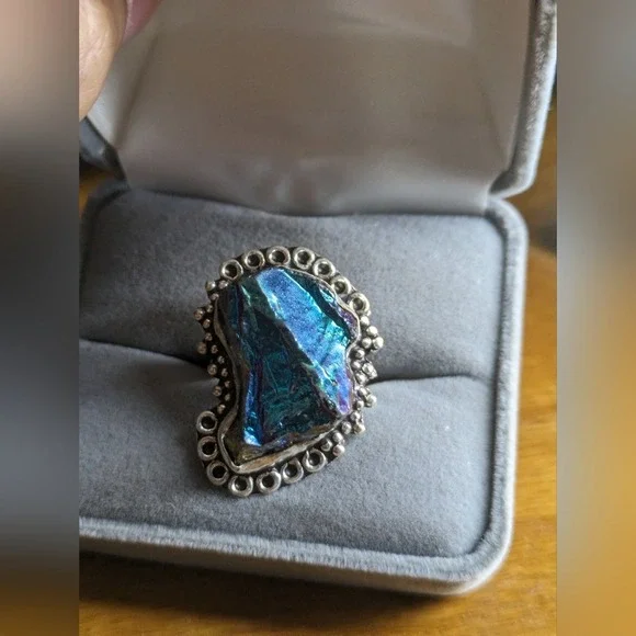 925 Sterling Silver Statement Ring Iridescent PeacocK Ore Stone Ring, Size 6.5‎ - Picture 2 of 6